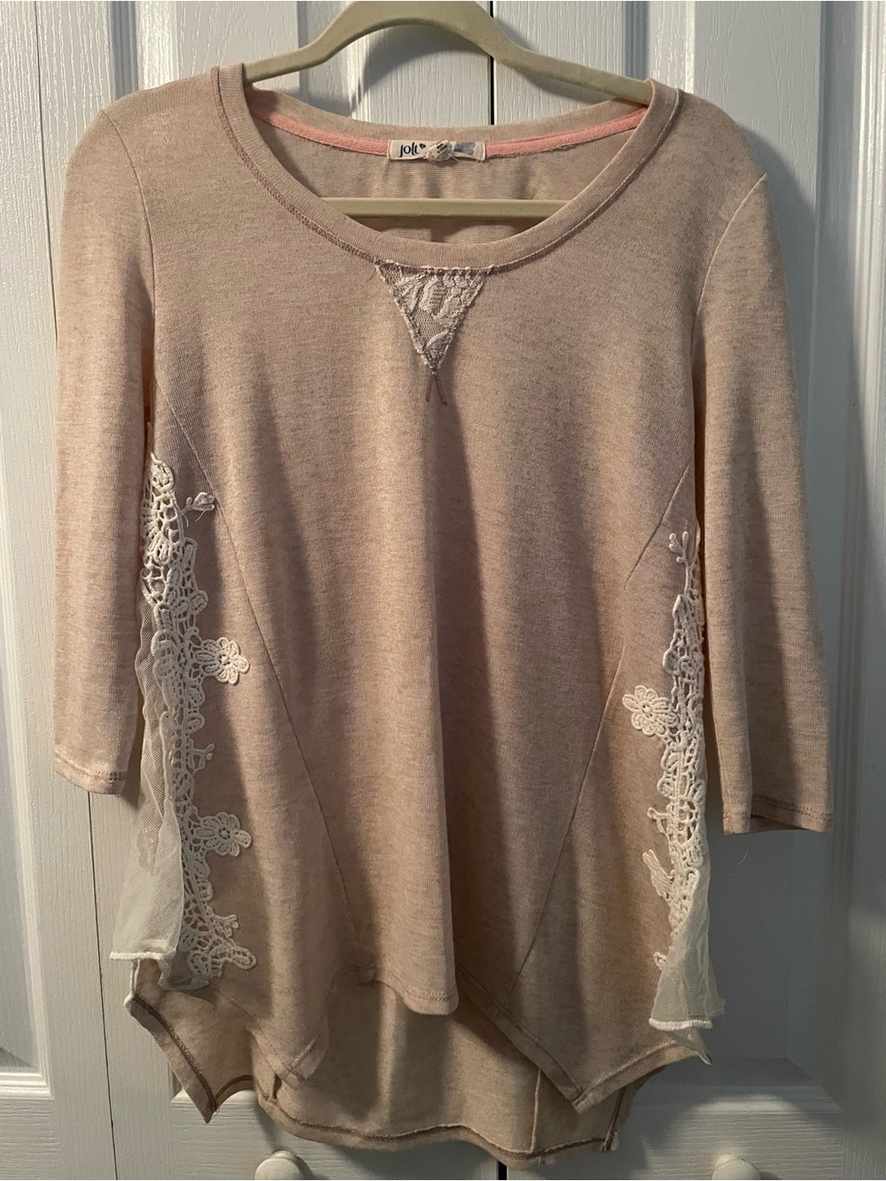 Jolt Beige Cream Lace-Trim Tunic 3-4 Sleeve Top, Medium